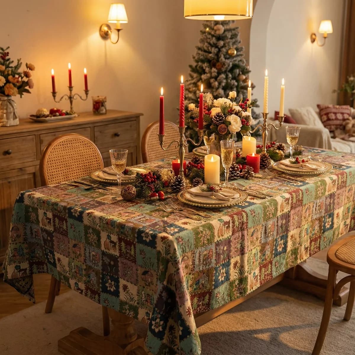 Bomuldsblanding bordløber og dug med blomstret jacquardmønster