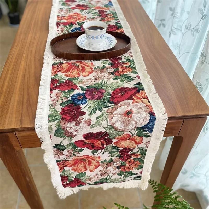 Vintage bordløber i bomuld og hør med blomstermønster