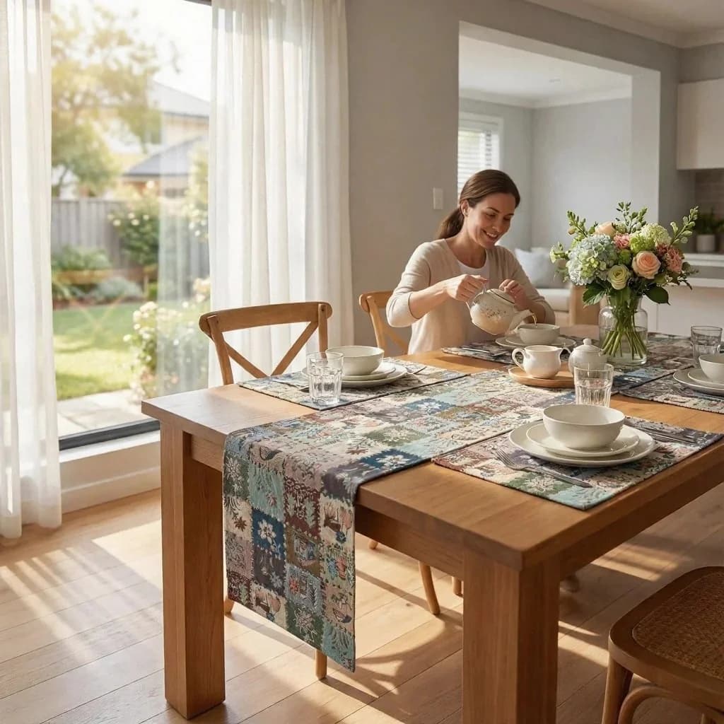 Amerikansk landstil jacquard bordløber med blomstermotiv
