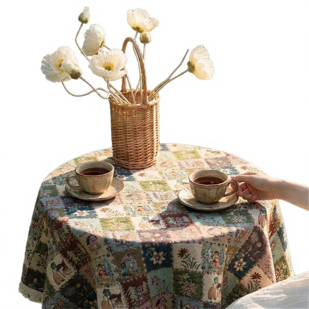 Rustik jacquard-bordløber i landstil med oliemaleri-blomstermotiv