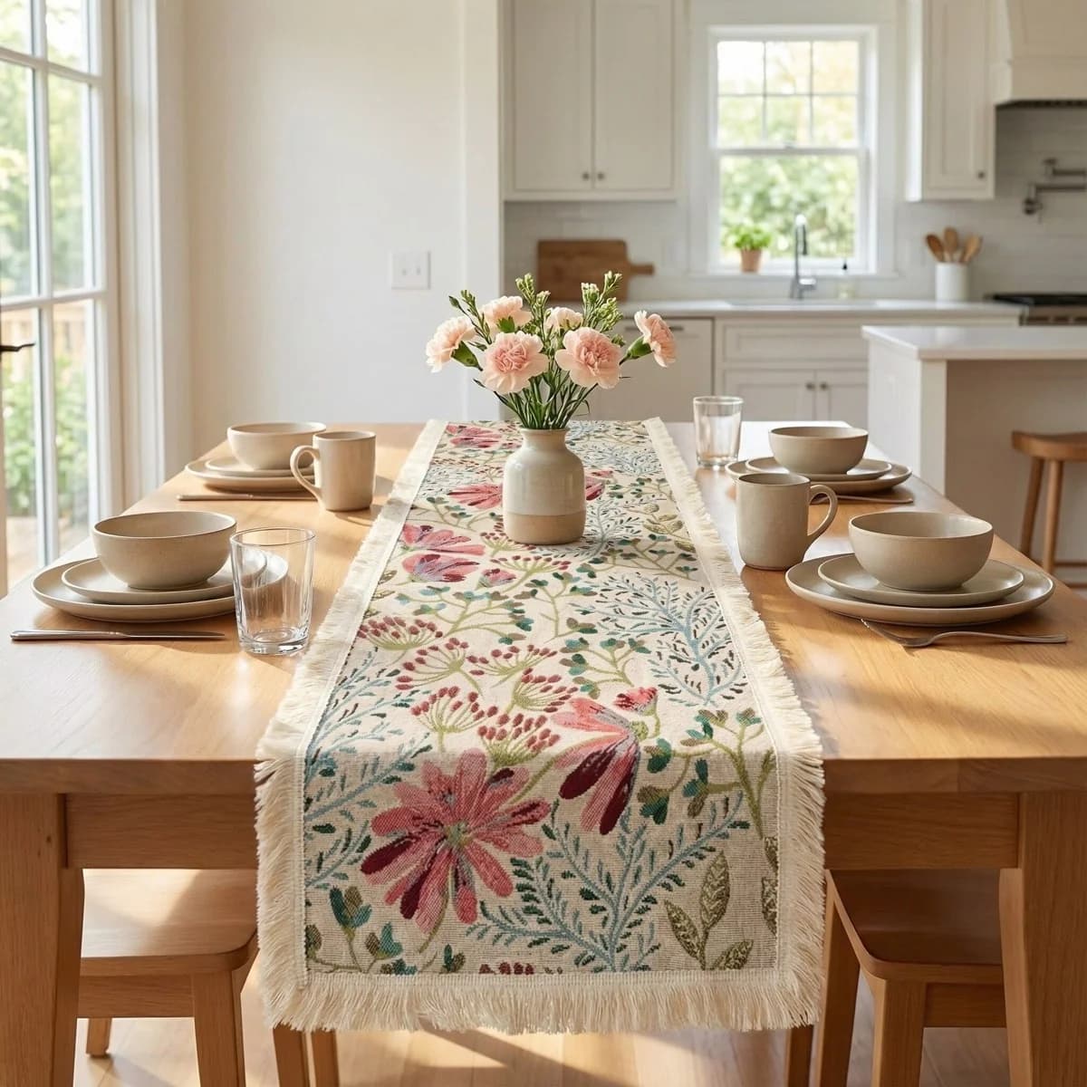 Jacquard-bordløber i bomuldsblanding med blomstermønster