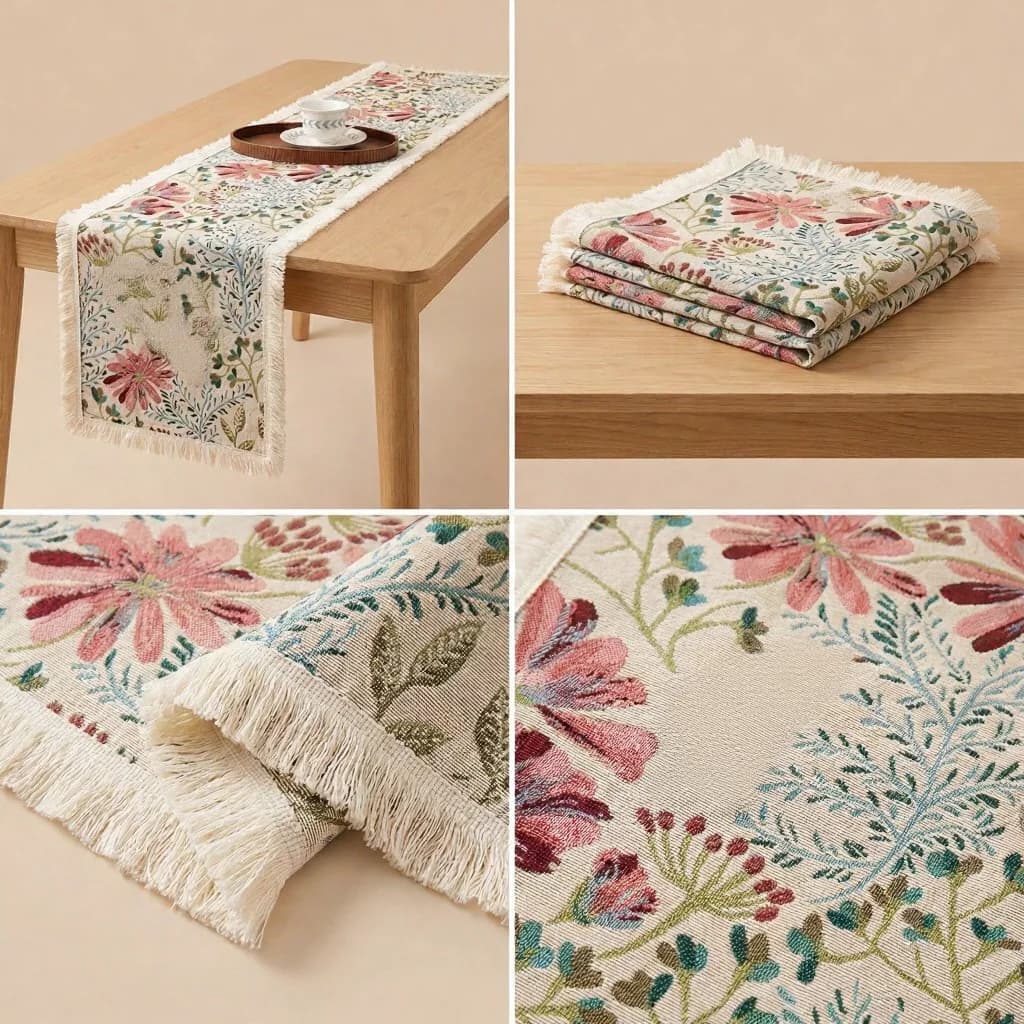 Jacquard-bordløber i bomuldsblanding med blomstermønster