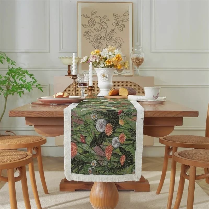 Jacquard bordløber i bomuldsblanding med blomstermønster