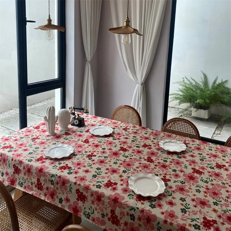 Rosa jacquard dug med blomstermotiv i bomuldsblanding, rektangulær
