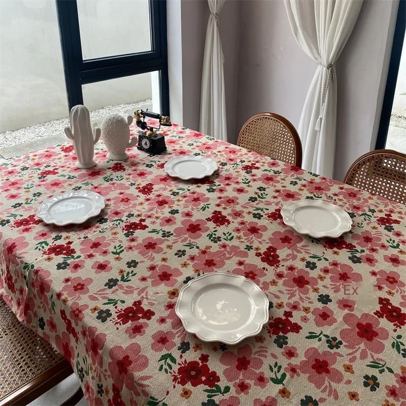 Rosa jacquard dug med blomstermotiv i bomuldsblanding, rektangulær