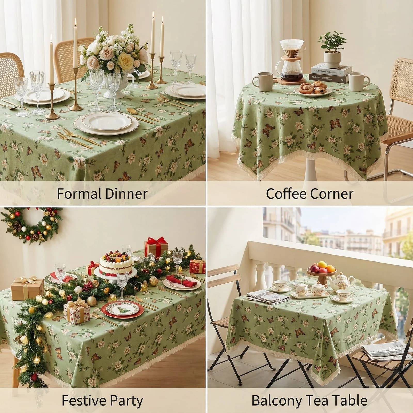 Rustik jacquard bordløber og dug med blomstermotiv