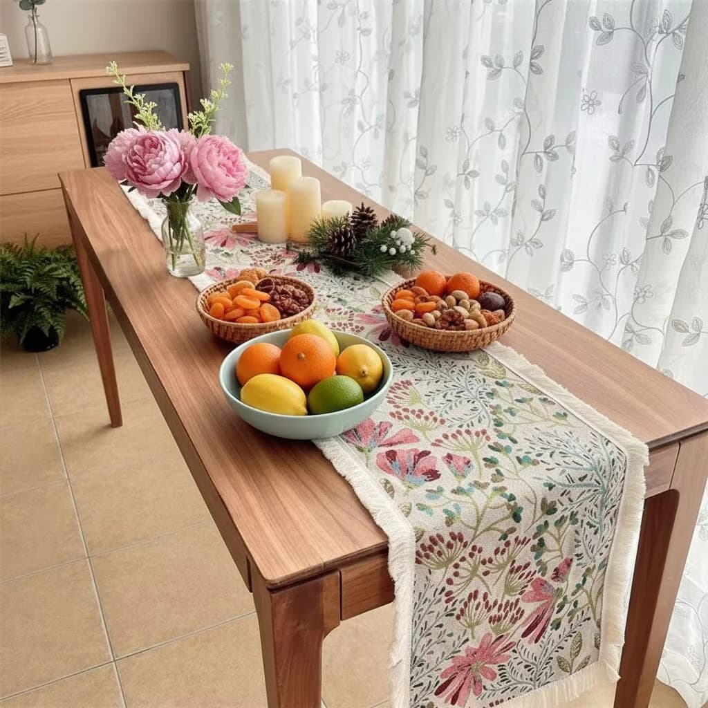 Jacquard-bordløber i bomuldsblanding med blomstermønster