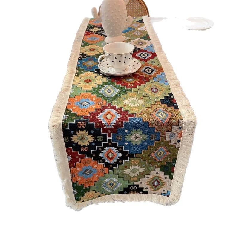 Bordløber i bomuld/polyester med geometrisk boho-mønster
